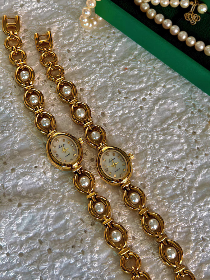 LSVTR Armbanduhr, Quarz, Perlenkette, Gold, ovales Gehäuse, Damen - Bild 2