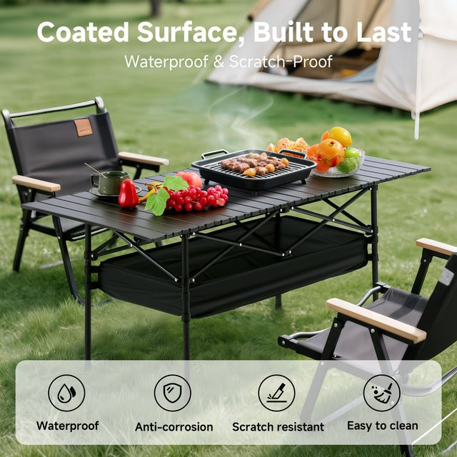 LIUSHADUOLA Outdoor-Tisch mit Netz-Taschen-Organizer, höhenverstellbar, schwarz, Metall - Bild 1