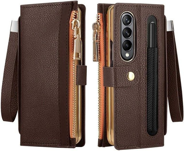 Leder-Brieftaschenhülle für Samsung Galaxy Z Fold 6 5G 5 4 3 mit Stifthalter, Kartenschlitz und Reißverschluss in Braun - Bild 1