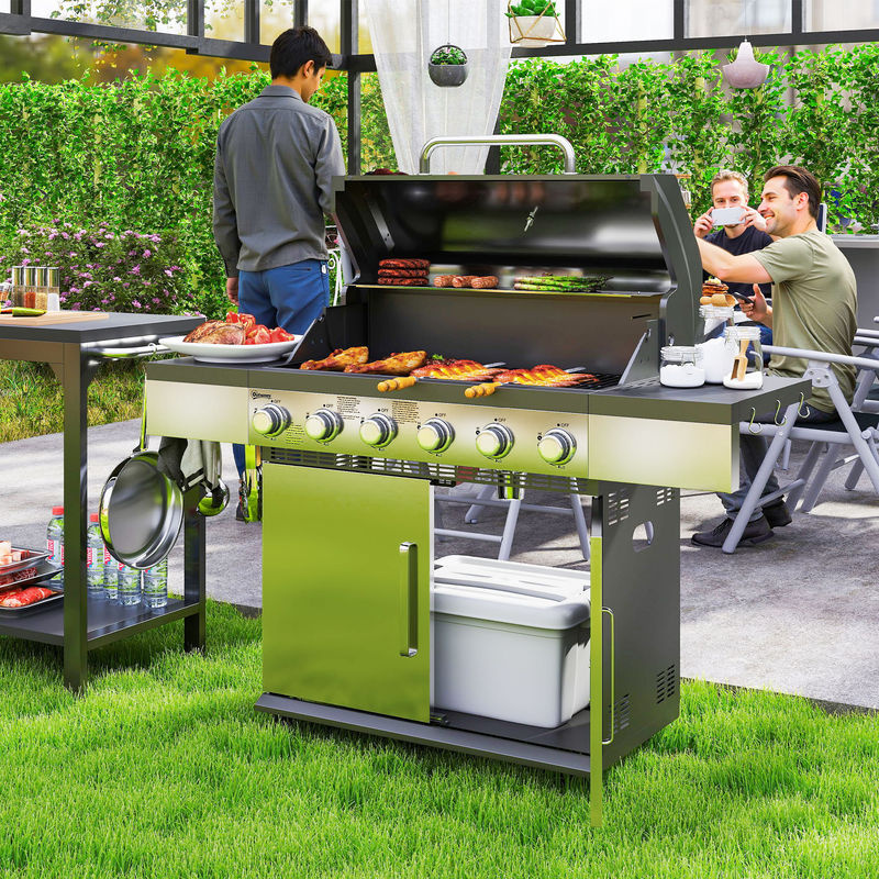 Outsunny Gasgrill Grillwagen mit 6 Edelstahl-Brennern und Thermometer, H x B x T: 110 x 141 x 55 cm - Bild 2