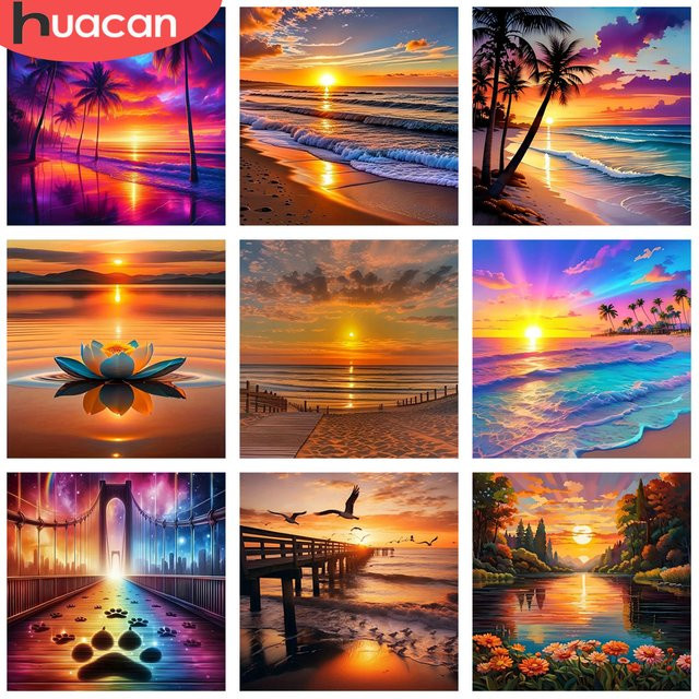 HUACAN Diamant-Mosaik-Set Sonnenuntergang am Meer, Landschaft Wanddekoration in Blau und Multicolour, Canvas Diamant-Gemälde mit vollen Bohrern - Bild 1