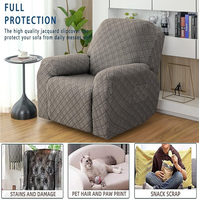 Rongquan 4-teiliger Stretch-Liegesessel-Überzug aus Jacquard-Polyester mit Seitentasche und rutschfestem Design, Farbe: Taupe - Bild 1