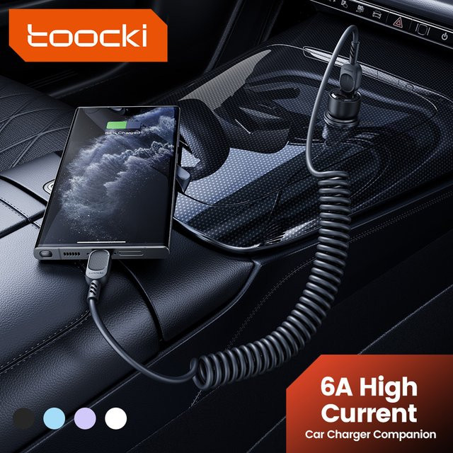 Toocki USB-C-Kabel 6A mit TPU-Federfunktion, einziehbares USB-auf-Typ-C-Datenkabel für PD Schnellladen, Schwarz - Bild 1
