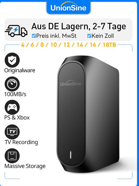 UnionSine Externe HDD Festplatte Schwarz, bis zu 270 MB/s, kompatibel mit PC, Mac, PS4/PS5 und TV - Bild 1