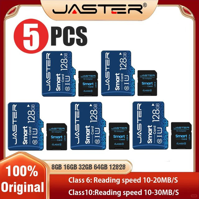 5er Set JASTER SD Speicherkarte Class 10 High Speed Memory Card in Blau mit 32GB, 64GB oder 128GB für Telefon und Kamera - Bild 1