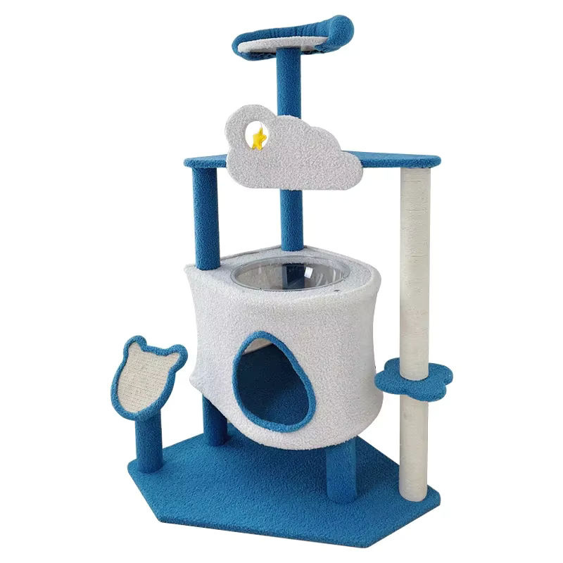 Multifunktionaler Katzenkratzbaum aus Sisal und Textil in Blau, mehrstöckiger Katzen-Kletterrahmen mit Katzenhaus-Turm - Bild 5