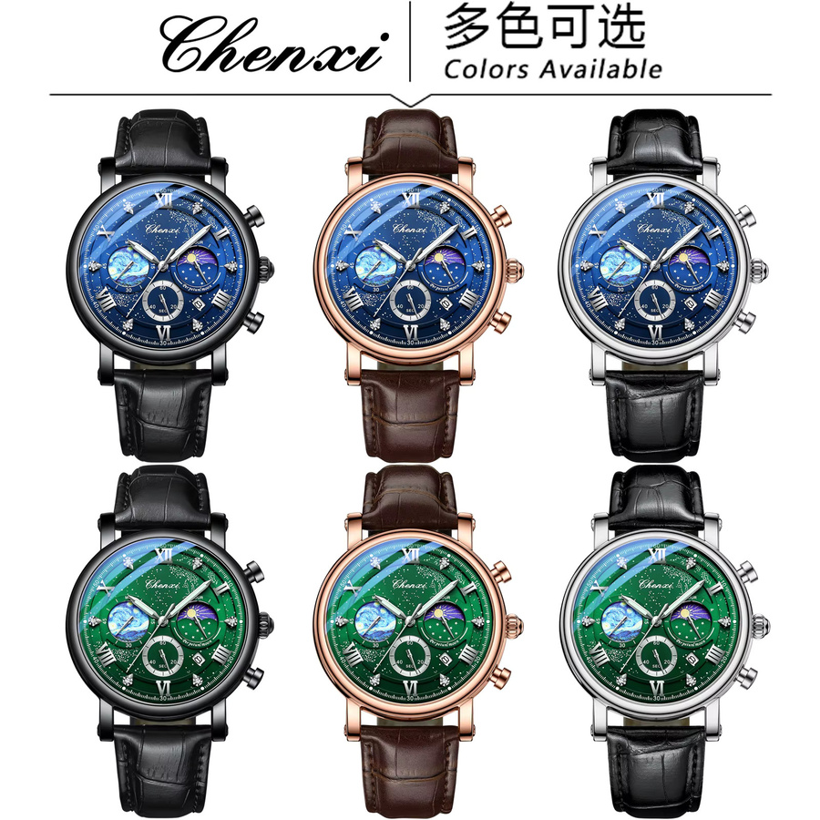 CHENXI Armbanduhr Quarz, Roségold, Leder, Herren, Mondphase, Datum - Bild 3