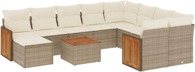 vidaXL 11-tlg. Garten-Sofagarnitur aus Polyrattan in Beige mit Kissen und Couchtisch im L-Shape Design - Bild 1