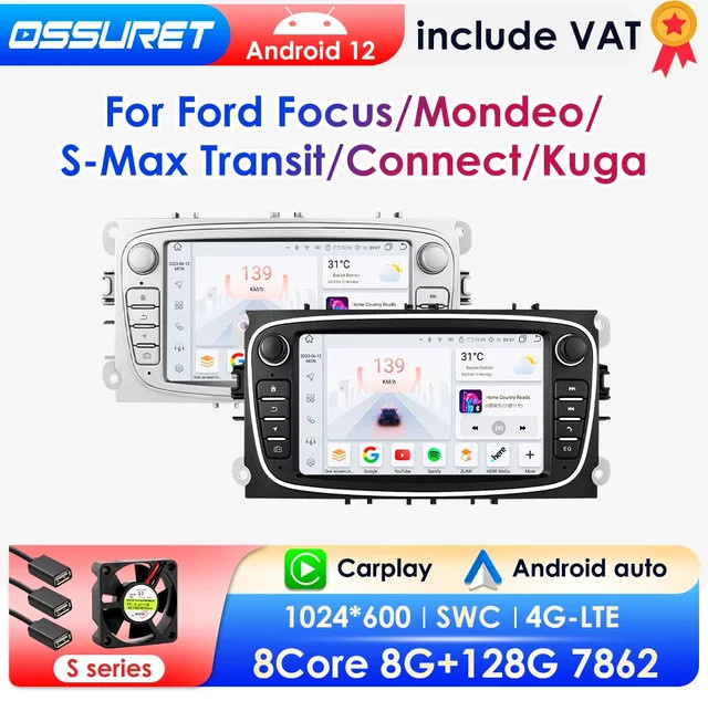OSSURET Multimedia Autoradio mit Carplay und Android Auto sowie GPS für Ford Focus, S-Max, Mondeo und Galaxy, Schwarz - Bild 1