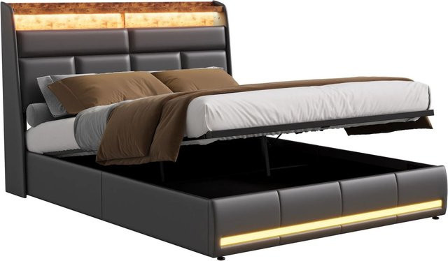 PXloue Stauraumbett mit LED-Beleuchtung und Ladefunktion in Schwarz, B/T/H: 160 x 200 x 165 cm - Bild 1