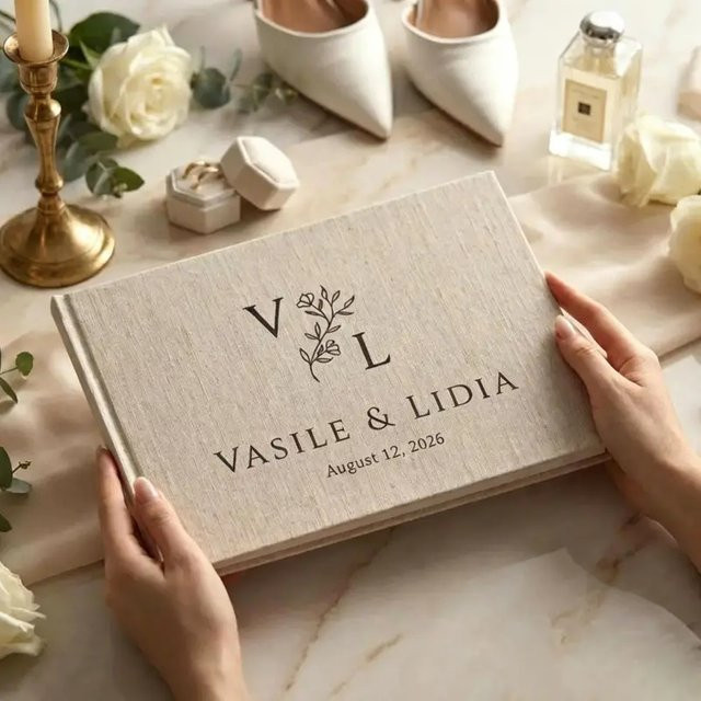 Personalisiertes Leinen-Gästebuch für Hochzeiten in Beige, Hardcover-Hochzeitsbuch im A4-Format mit blanko Seiten als rustikales Erinnerungsstück - Bild 1