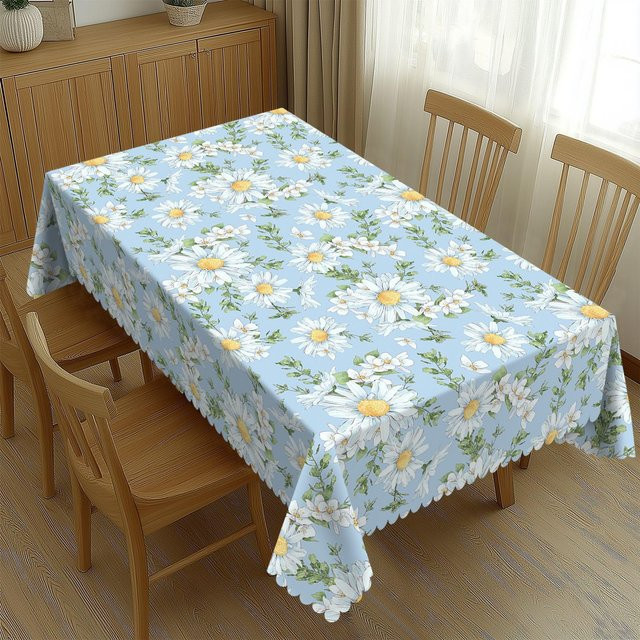 Rechteckige Tischdecke von Fancy Style Studio mit blauem Gänseblümchen-Muster und gefranstem Rand aus wasserabweisendem Polyester, B/T: 90 x 140 cm - Bild 1