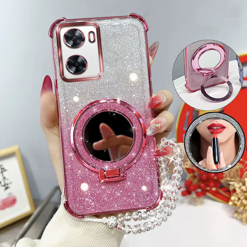 Stoßfeste Handyhülle mit Spiegelständer und Perlenarmband für Oppo A57 4G 2022, A57e, A57s, A77, A77S in Schwarz oder Pink - Bild 1