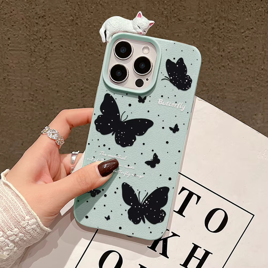 Schwarze Lychee-Ledertasche mit 3D Schmetterling und liegender Katze für dein Apple iPhone 11 12 13 14 15 16 17 Pro Max Plus und Air - Bild 5