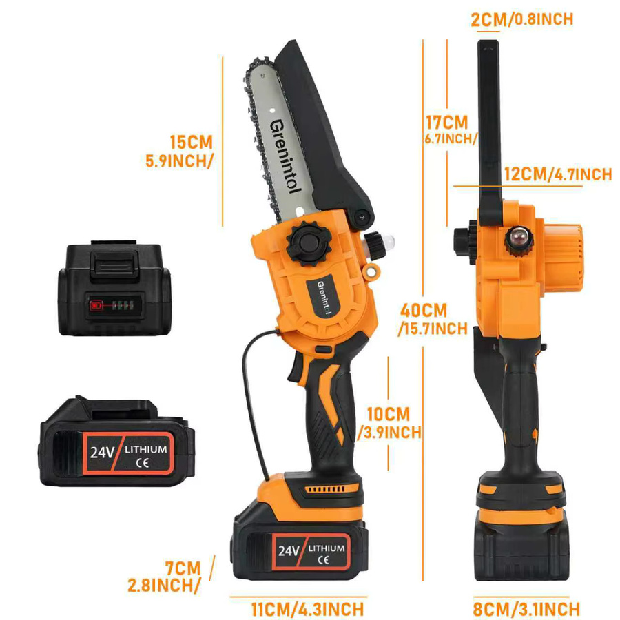Grenintol Akku-Kettensäge 6 Zoll mit 6000mAh Akku und automatischem Öler in Orange für Baumschnitt und Gartenarbeit - Bild 2