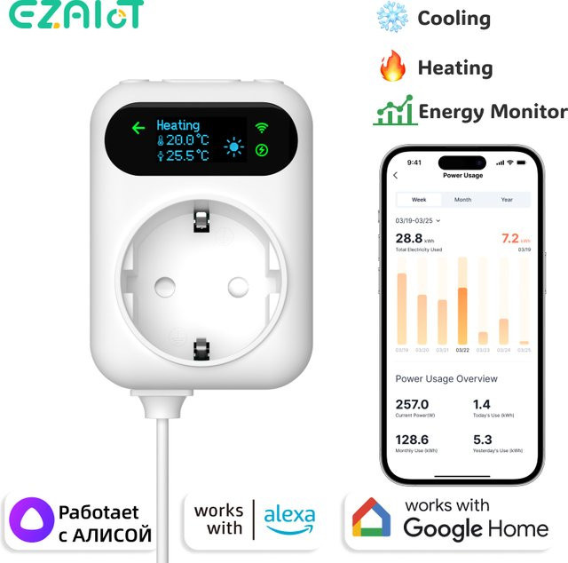 Tuya Smart WiFi Steckdose mit Thermostat und Energie Monitor, Temperaturregler für Heizung und Kühlung, kompatibel mit Google Home, Weiß - Bild 1