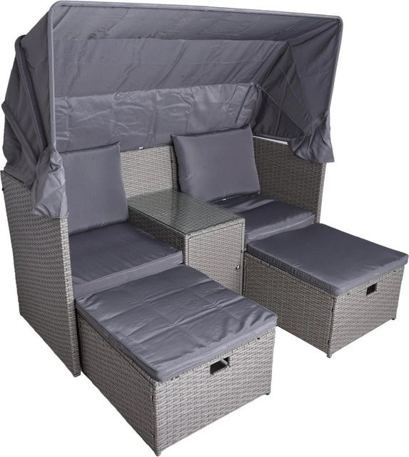 DELUKE Gartenmuschel MAINZ Sonneninsel aus Polyrattan in Grau mit Hocker, Beistelltisch und Sonnendach, B/T/H: 175 x 161 x 175 cm - Bild 1