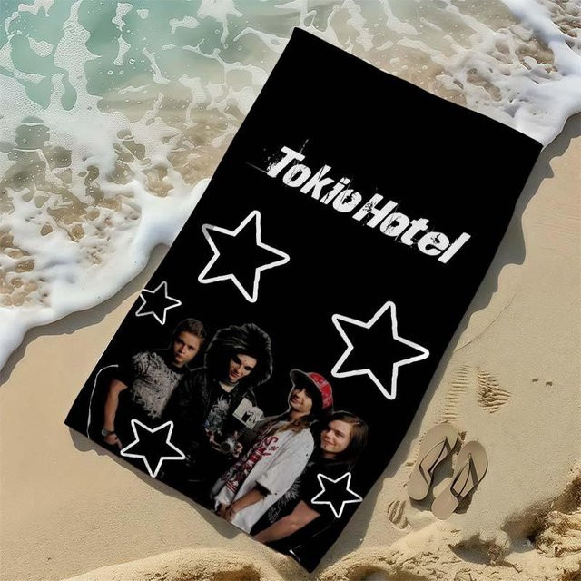 Strandtuch mit Tokio Hotel Band Foto Sternenprint von JMG Household Supplies, Mikrofaser, weich und schnelltrocknend, Schwarz-Weiß, B: 60 cm, H: 40 cm - Bild 1