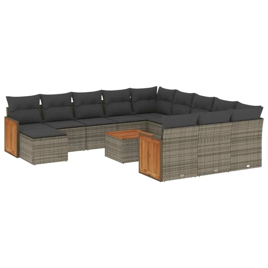 vidaXL 13-teilige Garten-Sofagarnitur aus Poly-Rattan und Akazienholz in Grau mit Kissen - Bild 2