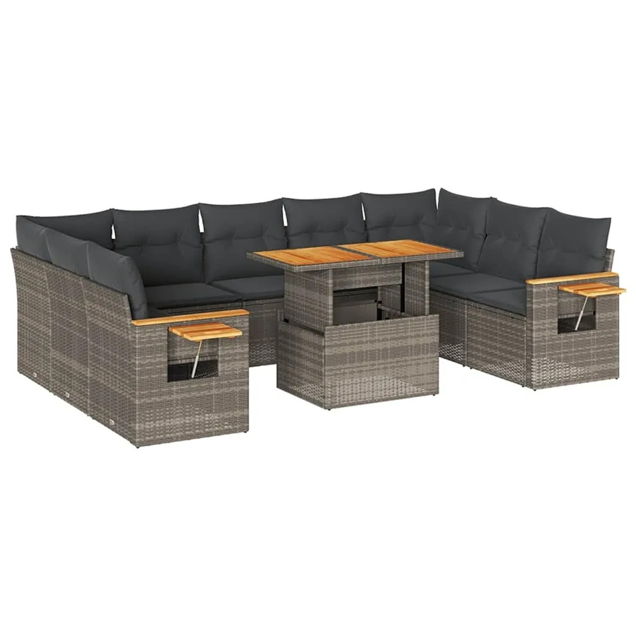 vidaXL 10-teilige Garten-Sofagarnitur in Grau aus Poly-Rattan und Akazienholz mit Sitzkissen und Stauraum - Bild 2
