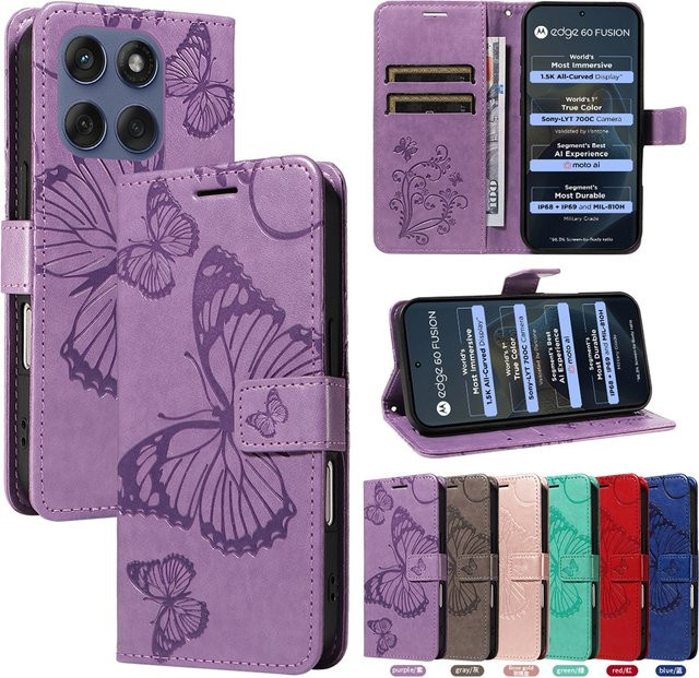 Magnetische Leder-Brieftasche als Handyhülle für Motorola Moto Edge Serie und G-Serie mit Schmetterlings-Design - Bild 1