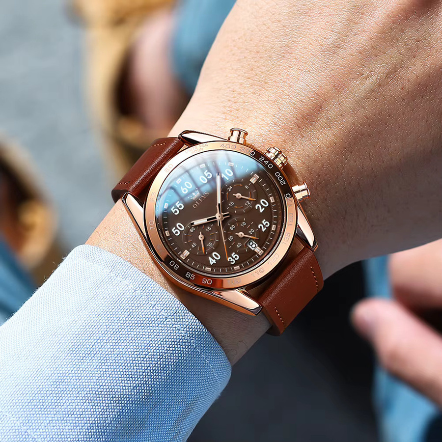 OLEVS Chronograph, Quarz, Leder, Roségold, Schwarz, Herren - Bild 5