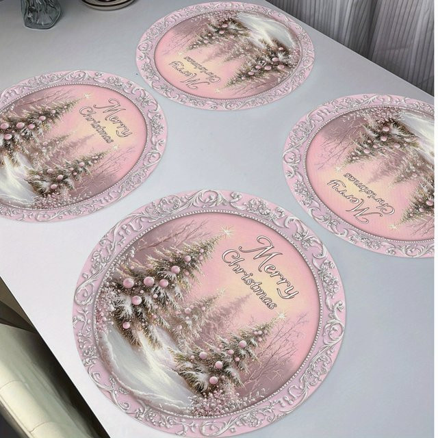 VIKAMA 4er Set Tischsets aus Leinen in Rosa mit Weihnachtsmotiv für deine Weihnachtsdekoration - Bild 1