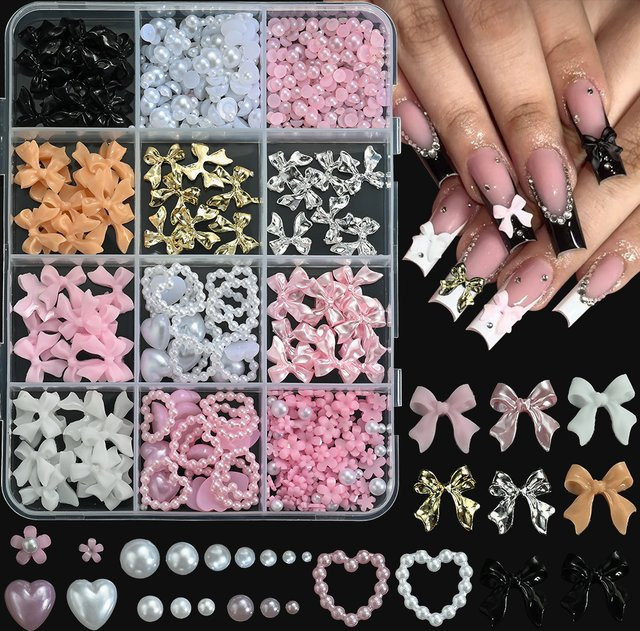 MAFANAILS Nagelkunst-Set, 12-teilig, Rosa-Weiße Schleifen, Herzen, 3D Acryl-Blumen, Perlen, Strass - Bild 1