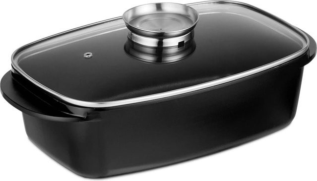 Relaxdays Bräter aus Aluminium in Schwarz mit Glasdeckel und Aromaknopf, Fassungsvermögen: 5 Liter - Bild 1