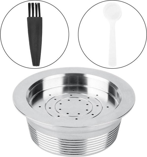 Wiederverwendbares Kaffeemaschinen-Zubehör Set für Lavazza Mio inklusive Kaffeekapsel-Filterbecher, Bürste und Löffel in Silber - Bild 1