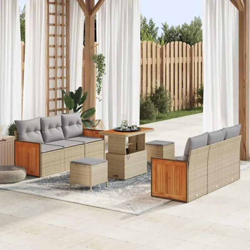 vidaXL Garten-Loungemöbel Set aus Polyrattan und Metall in Beige, 9-teiliges modulares L-Form Sofa-Set, B/T/H: 90 x 55 x 71 cm - Bild 1