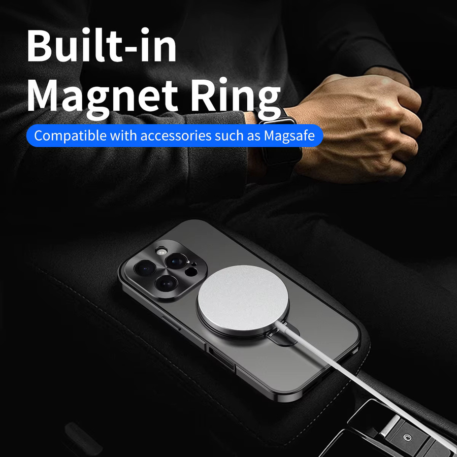 Apple Handyhülle mit magnetischer Halterung und Metallrahmen für iPhone 15, 16 Pro Max, 17 und 18 in Silber - Bild 4