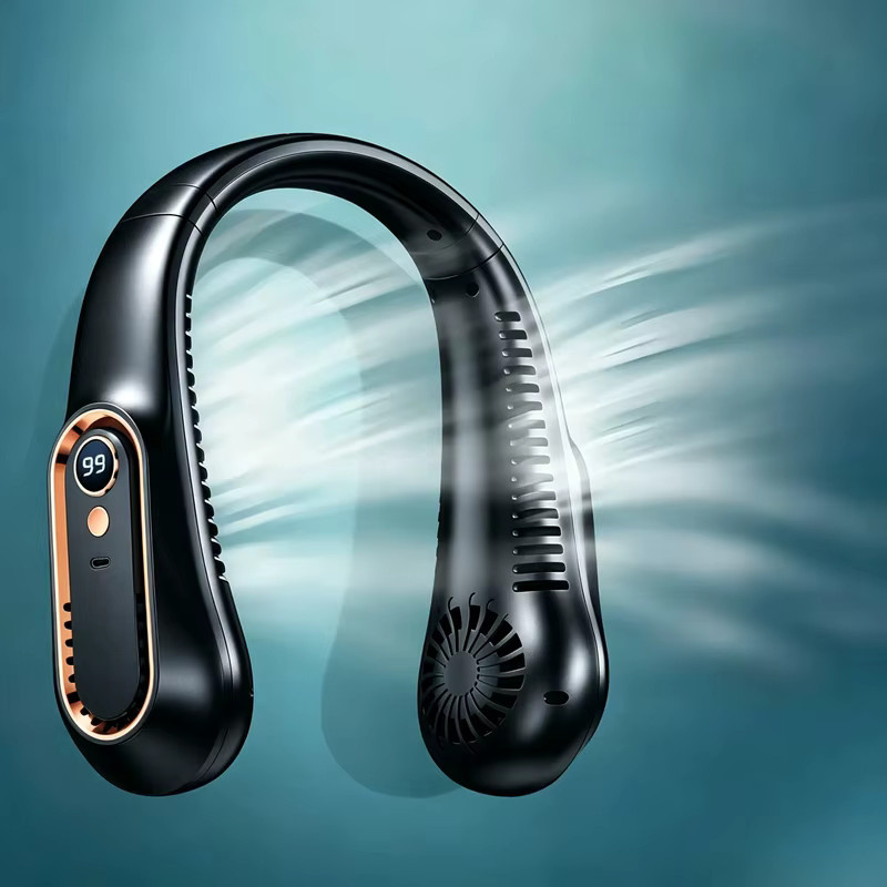 Tragbarer JIYUE Halsventilator in Blau mit 8000 mAh Akku, blattlos, wiederaufladbar und LED-Digitalanzeige - Bild 6