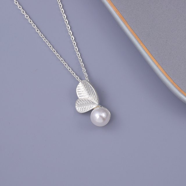 Halskette mit Blatt- und Perlenanhänger, 925 Sterlingsilber, Damen - Bild 1