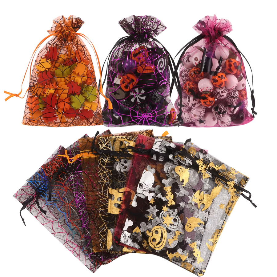 Ywbeads Halloween Organza Geschenkbeutel mit Schädel und Spinnennetz-Druck in Bunt mit Kordelzug - Bild 5