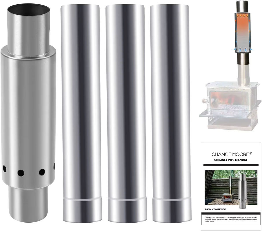 CHANGE MOORE Zelt-Ofenrohr Verlängerungsset aus Edelstahl in Silber, 3-teiliges Kamin-Set mit 0,9 mm Wandstärke und sekundärer Verbrennung - Bild 2