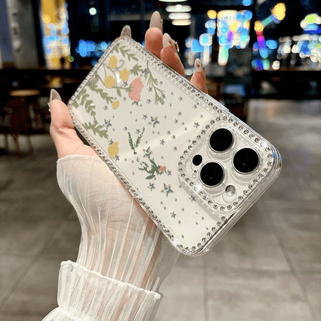 Caynes Stoßfeste Handyhülle mit glitzernden Diamant-Blumen für iPhone und iPad, transparent - Bild 1