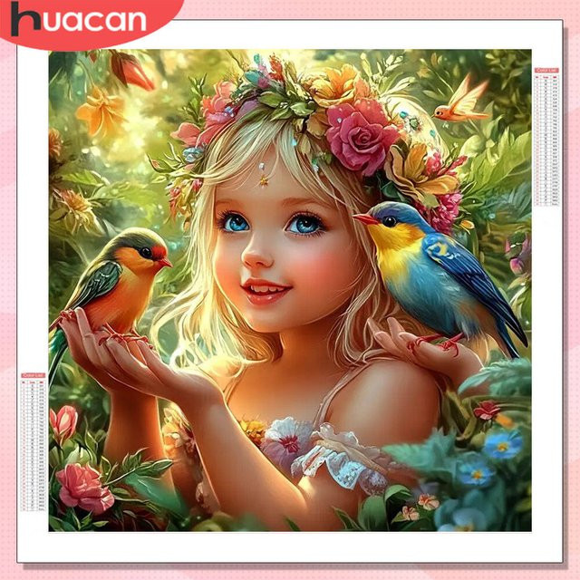 HUACAN 5D DIY Diamantmalerei Mädchen Porträt mit Vogel und Blumen, Mehrfarbig, B/H: 20 x 20 cm - Bild 1
