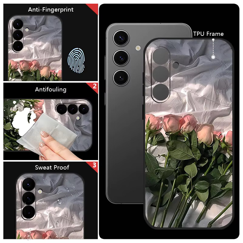 Handyhülle mit Rosa Rose Blume Design für Samsung Galaxy S25 S24 S23 S22 Ultra Plus FE A56 A17 A16 A36 A55 A54 A15 5G Soft Cover in Pink und Schwarz - Bild 5