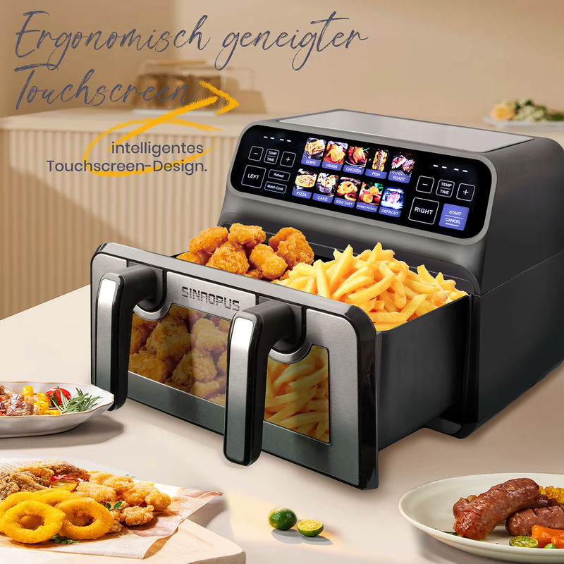 Sinaopus Heißluftfritteuse 2200W mit 9L Doppelkorb, Ölfreier Kocher in Schwarz mit LED-Touch-Steuerung und Sichtfenster, 10-in-1 Multifunktion - Bild 4