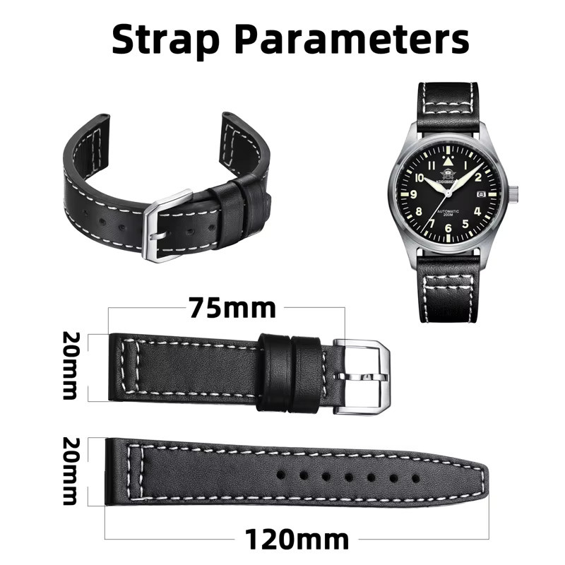 ADDIESDIVE Uhrenarmband Leder, 20 mm, Schwarz, Herren, Edelstahl-Schnalle - Bild 2