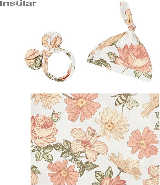Dreiteiliges Baby-Set aus Baumwollgaze und Polyester mit floralem Print in Weiß, atmungsaktive Sommer-Wickeldecke und Badetuch für dein Baby - Bild 1