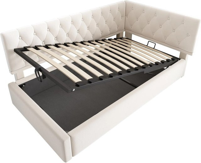 Merax Daybett mit hydraulischem Stauraum in Beige und Samt, B/T/H: 90 x 200 x 38,85 cm - Bild 1
