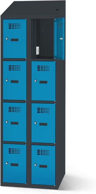 rotstahl Fächerschrank mit Ladefunktion und 8 Fächern in Blau mit anthrazitgrauem Korpus, B: 80 cm, H: 200 cm - Bild 1