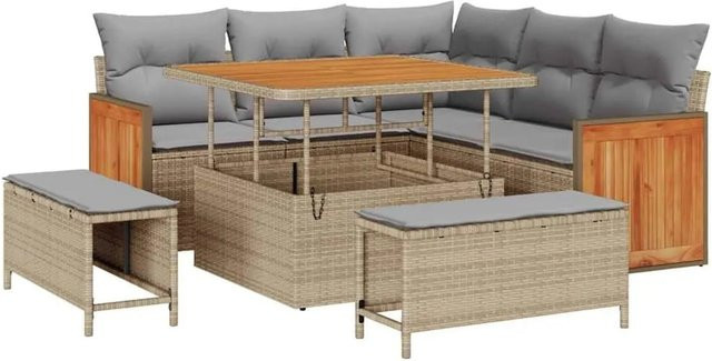 vidaXL Gartensofa-Set aus Poly-Rattan in L-Form mit 9 Kissen in Beige und Hellgrau inklusive Ottoman und Couchtisch - Bild 1