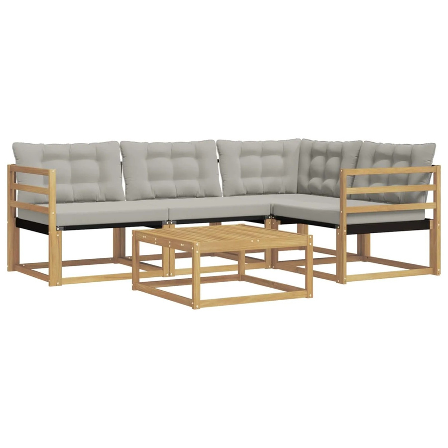 vidaXL Outdoor-Sofagarnitur 5-teilig in L-Form mit Polstern und Couchtisch, Weiß und Grau, aus Akazienholz und Textilene, B/T/H: 79 x 79 x 37 cm - Bild 2