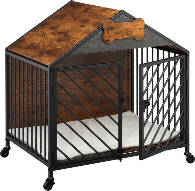 Relaxdays Hundekäfig aus Stahl und MDF in Braun mit Rollen, B/T/H: 73 x 70 x 53 cm - Bild 1