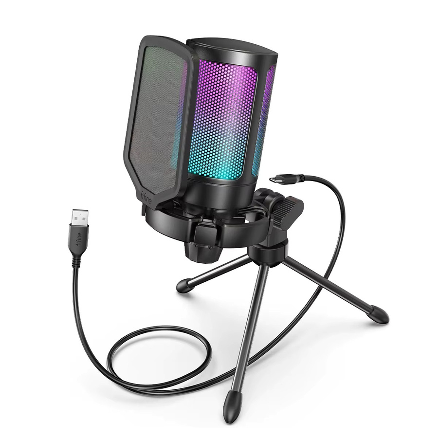 FIFINE Ampligame USB-Kondensatormikrofon in Schwarz für Gaming und Streaming mit Pop-Filter, Stoßdämpferhalterung und Verstärkungsregelung für PC und MAC - Bild 1