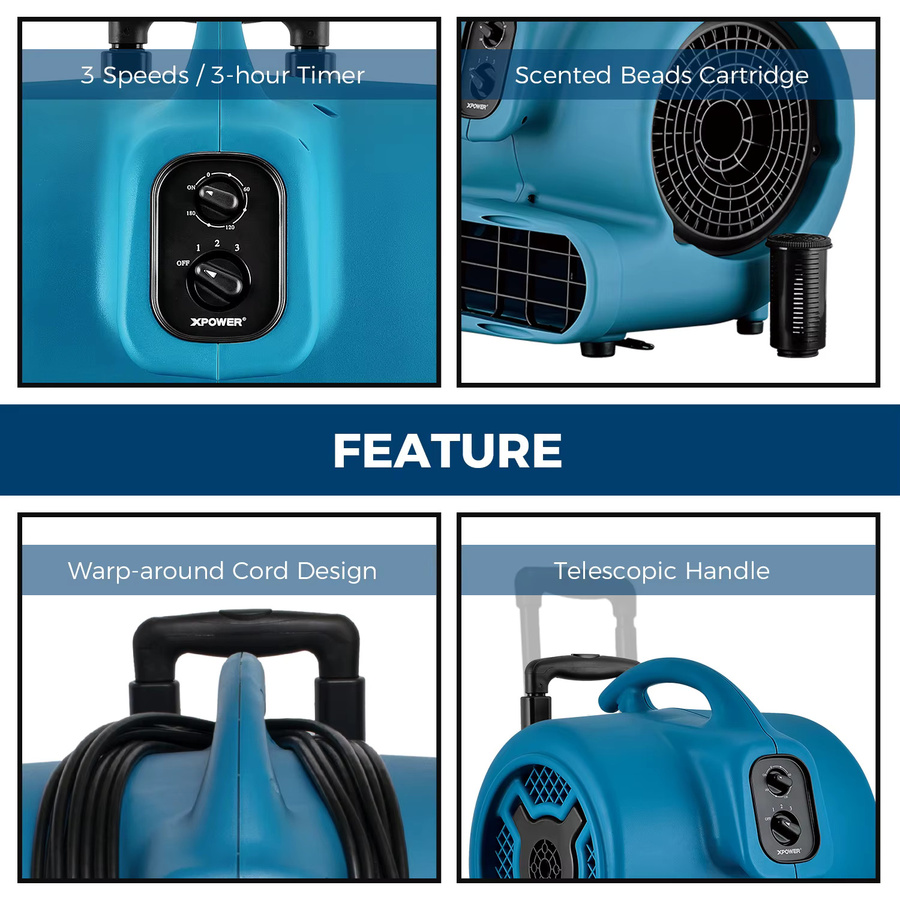 XPower P-800TH Leistungsstarker Zentrifugal-Luftbeweger in Blau, Stapelbarer Teppichtrockner und Bodenventilator mit Daisy-Chain-Funktion für die Wasserschadensanierung und Hausreinigung - Bild 5