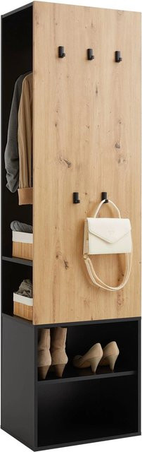 Mömax Garderobe Next Hall Tree mit Sitzbank in Schwarz und Eiche Artisan, Höhe: 195 cm, Breite: 55 cm, Tiefe: 38 cm - Bild 1